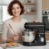 HOMCOM Mixer Planetar cu Bol Inox 7L, 1400W 6 Viteze Pulse, Cap Înclinat, Mixer Profesional Antiderapant cu Cârlig pentru Aluat, Tel, Batător, Capac și Accesorii(m-9)