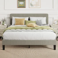 HOMCOM Cadre de lit 160 x 200 cm, sommier à lattes en bois, tête de lit réglable, lit double rembourré en velours côtelé, gris(m-2)