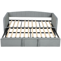 HOMCOM Cadru Pat 90/180x190 cm, Canapea Pat Extensibilă Convertibilă în Pat Dublu, Tapițerie, Cotiere, 2 Buzunare, Șipci din Plop, pentru Cameră de Zi sau Oaspeți, Gri Deschis