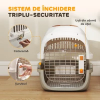 Transportor PawHut pentru Pisici și Câini Mici din Plastic, cu Fereastră Superioară, Ușă din Oțel, Bol pentru Hrană, pentru Animale max 4 kg, 49x32x31 cm, Gri(m-5)