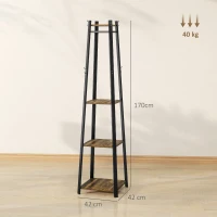 HOMCOM Appendiabiti da Terra con 8 Ganci, 3 Ripiani e Mensola Superiore, 42x42x170 cm, Marrone(m-3)