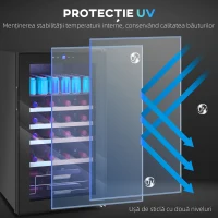 HOMCOM Vitrină Frigorifică pentru Vinuri 16 Sticle 63L Silențioasă Temperatură Reglabilă 5-18℃ Frigider Vinuri Bar cu Sticlă Anti UV, Rafturi, Compresor, Display Touch, Lumini LED, Clasa G(m-8)