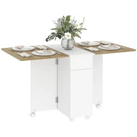 HOMCOM Table à manger pliable pour 6 personnes, table de cuisine sur roulettes avec 2 tiroirs 2 placards, 140x76x74cm, blanc(m-11)