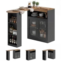 HOMCOM Ausziehbarer und 360° drehbarer Bartisch mit offenen Regalen und 2 Glastüren 150x80x105,5 cm Schwarz und Natur(m-7)