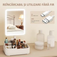 HOMCOM Oglindă de Machiaj cu Lumină, Reîncărcabilă cu Ecran Touch, 2 Moduri de Iluminare și Rotire 180°, Alb(m-6)