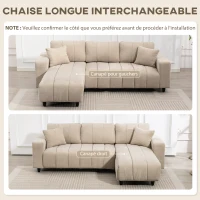 HOMCOM Canapé d'angle réversible, canapé 3 places avec méridienne, 2 oreillers, cadre en acier, 242x156x87cm, beige(m-4)