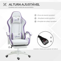 Vinsetto Cadeira Gaming de Couro PU com Altura Ajustável Reclinável 135° e Apoio para os Pés Retrátil 65x65x121-129 cm Branco e Roxo(m-4)