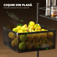 HOMCOM Cărucior de Bucătărie cu 3 Nivele cu Coșuri Rotative din Metal, Roți și Frână, 27,5x27,5x62 cm, Negru(m-5)