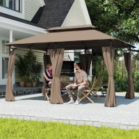 Outsunny Tonnelle de jardin extérieur pavillon 6 colonnes double toit 12 oeillets de drainage en métal 3x4m kaki(m-10)