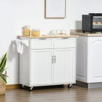 HOMCOM Modern Rolling Kitchen Island Storage Cart Utility Trolley with Rubberwood Top Two Drawers-White(m-2)