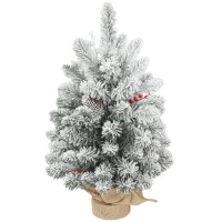 HOMCOM Brad de Crăciun Mic Înalt de 61 cm cu 72 de Ramuri Înzăpezite, Conuri și Boabe Roșii, Verde(m-10)