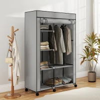 HOMCOM Armoire penderie en tissu meuble de rangement 6 roulettes tringle à vêtements et étagères ouvertes 103x43x162,5cm gris(m-8)