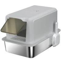 PawHut Litieră din Oțel Inoxidabil pentru Pisici cu Capac Detasabil, Lopățică, Pungi Filtrante, pentru Pisici Mari, Albă(m-1)