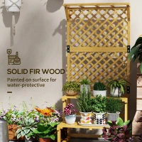 Outsunny Suport pentru plante, Raft pentru flori, 2 nivele, cu spalier și acoperiș, Lemn de brad, 75x50x166 cm, Galben(m-5)