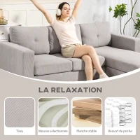 HOMCOM Canapé d'angle réversible en velours côtelé, canapé 3 places avec méridienne, cadre en acier, 192x137x84cm, gris clair(m-5)