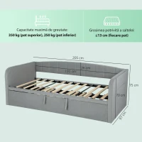HOMCOM Cadru Pat 90/180x190 cm, Canapea Pat Extensibilă Convertibilă în Pat Dublu, Tapițerie, Cotiere, 2 Buzunare, Șipci din Plop, pentru Cameră de Zi sau Oaspeți, Gri Deschis(m-3)