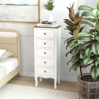 HOMCOM Chiffonnier 5 tiroirs, Meuble de rangement compact blanc avec poignée bouton effet laiton(m-9)