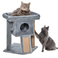 PawHut Arbre à chat hauteur de 57 cm avec griffoir en jute, niche, plateforme et balle de jeu, en tissu peluche gris clair(m-11)