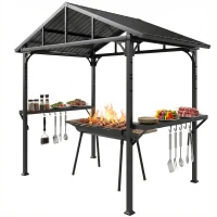Outsunny Abri pour Barbecue, tonnelle de jardin en Acier avec 2 Étagères Latérales et Crochets, 252 x 156 x 248 cm, Noir(m-1)