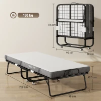 HOMCOM Pat Pliabil Single 90x200 cm cu Saltea de 10 cm Grosime, Cadru din Metal și Roți cu Frână, Negru(m-3)