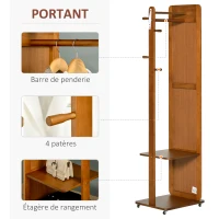 HOMCOM Miroir sur Pied avec roulettes - Portant, 4 patères étagère MDF Aspect Noyer(m-5)