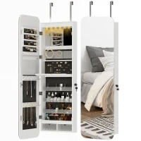 HOMCOM Dulap pentru Bijuterii Montat pe Perete cu Oglindă Internă și LED-uri, Înălțime 120 cm, Economisire Spațiu pentru Ușă, cu Sertare, Încuietoare și Cheie, Raft Pliabil, Alb și Negru(m-10)