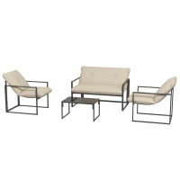 Outsunny Set Mobilier Exterior 4 Piese, Set Relaxare cu Măsuță din Sticlă, Canapea, 2 Fotolii și Perne, Bej(m-10)