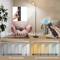 HOMCOM Lampă de Podea LED Reglabilă cu Telecomandă Magnetică și Comenzi Tactile, Cap Rotativ 360°, Reglare Luminozitate și Temperatură a Culorii, pentru Cameră și Living, Negru(m-4)
