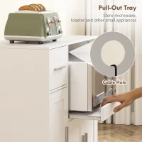 HOMCOM Dulap pentru Cuptorul cu Microunde cu 5 Roți, Dulap de Bucătărie cu Tavă Glisantă, Gauri pentru Cabluri, Sertar, Dulapuri cu 3 Uși, Raft Reglabil, Economisitor de Spațiu, 80x40x88.7 cm, Alb(m-6)