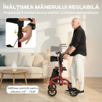 HOMCOM Deambulator cu Scaun și Spătar pentru Vârstnici Pliabil, Reglabil pe Înălțime, Suport pentru Baston, Roșu(m-4)