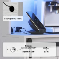 HOMCOM Bufet de Bucătărie Rustic 180cm, Dulap cu Priză de Încărcare, Lumini LED, Suport pentru Sticle, Blat pentru Cuptor, Rafturi Deschise, Uși Glisante, Orificiu pentru Cabluri, Alb(m-5)