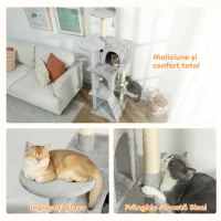 PawHut Ansamblu de joacă pentru pisici cu 2 căsuțe, hamac, culcuș și stâlpi din sisal, 48x48x160 cm, gri(m-7)