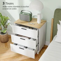 HOMCOM Commode 3 tiroirs meuble de rangement style moderne pieds en bois massif et plateau effet bois, 60 x 38 x 71 cm, blanc(m-4)