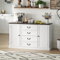 HOMCOM Credență de Bucătărie, Mobilier de Bucătărie cu 4 Sertare Soft Close, Blat Gros, Bufet cu Rafturi Reglabile, Stil Rustic, pentru Sufragerie, Sala de Mese, 147x40x87 cm, Alb(m-2)