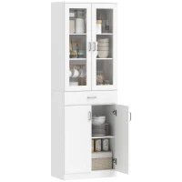 HOMCOM Buffet haut cuisine, armoire de cuisine, 4 portes dont 2 en verre, tiroirs, étagères réglables, 60x35x180cm, blanc(m-11)