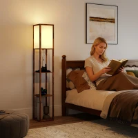 HOMCOM Floor Lamp with Shelves, 4 Layer Standing Lamp with USB Ports, 3 Colour Temperature, Rustic Brown(m-2)