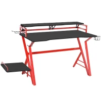 HOMCOM Mesa Gaming Ergonómica 120 cm Escritorio Gaming desk para Computadora PC con Estantes de Monitor y Ganchos para Auriculares Fibra de Carbono 168x66x92,5 cm Negro y Rojo(m-9)