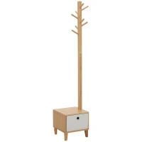 HOMCOM Perchero de Pie de Bambú Perchero con Banco Tipo de Árbol Cajón de Tela y 8 Ganchos para Colgar Ropa 35x35x177cm Natural(m-10)