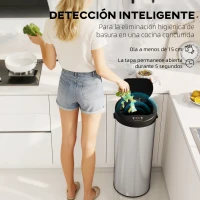 HOMCOM Cubo de Basura Cocina Automático 55 L de Acero Inoxidable con Sensor Infrarrojo Cierre Suave Antihuellas Plateado(m-4)