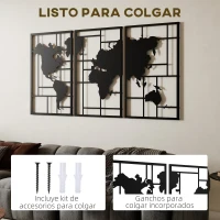 HOMCOM Decoración de Metal para Pared de Mapa Mundial de 3 Piezas para Salón Dormitorio Pasillo Negro(m-5)