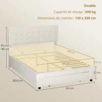 HOMCOM Cadre de lit double sommier coffre à vérins, tiroir à roulettes, tête de lit réglable capitonnée effet velours, crème(m-3)