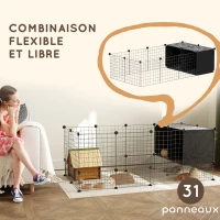 PawHut Enclos pour petits animaux, cage à lapin modulable 31 panneaux avec niches surélevées, en acier, 140x70x52cm, noir(m-4)
