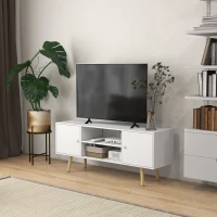 HOMCOM Meuble TV style scandinave 2 portes 2 niches passe-fils piètement bois pin panneaux blanc - 120 x 34 x 50 cm blanc(m-2)