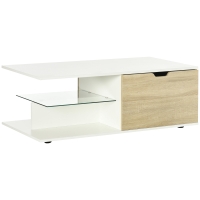 HOMCOM Table basse rectangulaire design contemporain 2 tiroirs 2 niches étagère verre trempé panneaux blanc aspect chêne clair