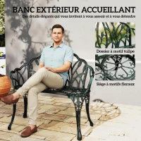 Outsunny Banc de jardin en aluminium moulé, banc extérieur 2 places avec dossier tulipe, assise florale, 99x57x78cm, vert antique(m-4)