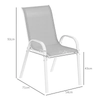 Outsunny Set 4 Sedie da Giardino Impilabili con Braccioli Curvi, in Acciaio e Tessuto Traspirante, 54x71x93 cm, Grigio Bianco(m-3)