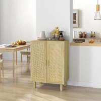 HOMCOM Buffet haut meuble de rangement design bohème double portes avec 3 étagères en cannage - 73 x 41 x 102 cm(m-10)