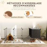 PawHut Enclos pour petits animaux, cage à lapin modulable 31 panneaux avec niches surélevées, en acier, 140x70x52cm, noir(m-7)