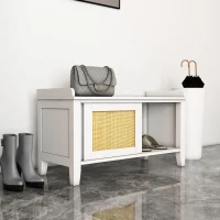 HOMCOM Banc à chaussures meuble de rangement avec porte coulissante et façades rotin tissé 80 x 35 x 45 cm blanc(m-10)