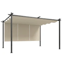 Outsunny Pérgola com Teto Retrátil de 390x293x220 cm Pérgola de Parede ou Independente com Lados Enroláveis Proteção UV30+ Bege(m-1)